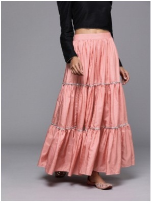 Pink Silk Blend Tiered Ruffle & Flared Skirt